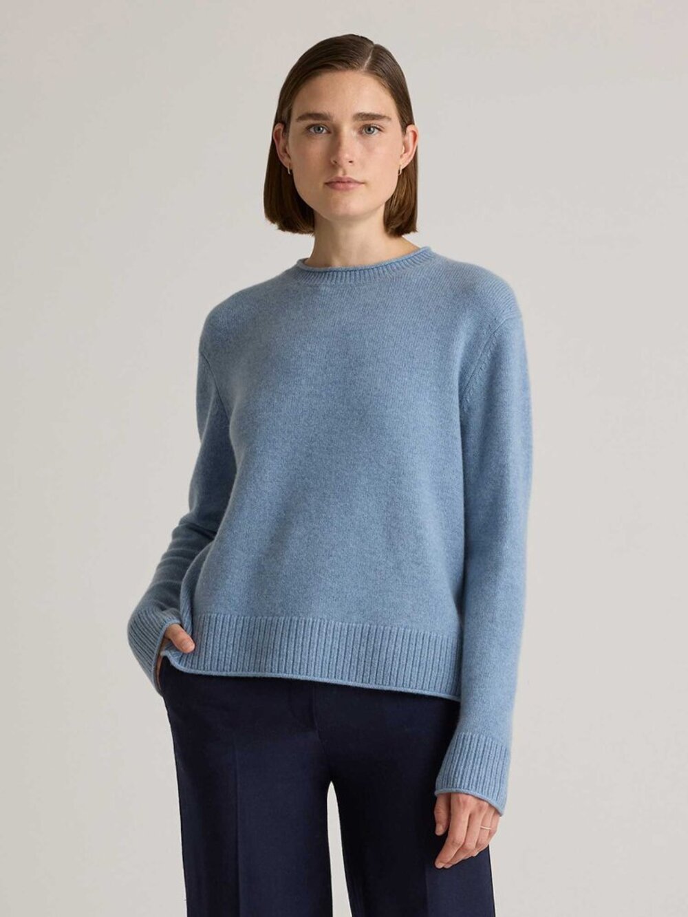 Quince Mongolian Cashmere Boxy Crewneck Sweater, size medium, faded denim blue